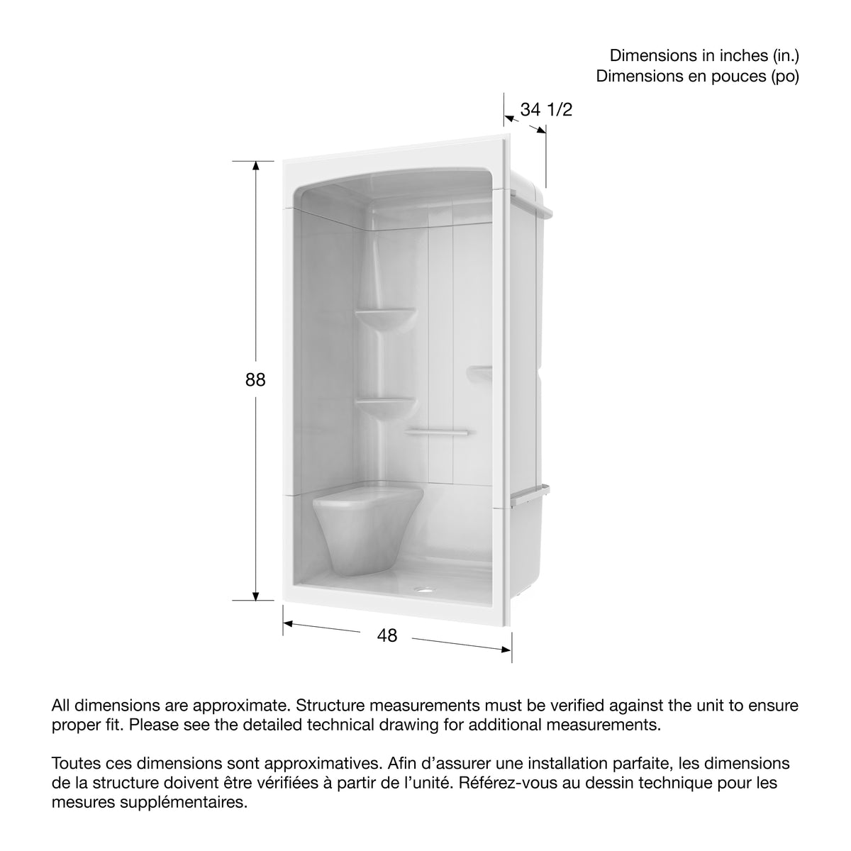 Maax Camelia SHR-4834 Acrylic Alcove Center Drain Left Molded Seat Three-Piece Shower in White - image 7