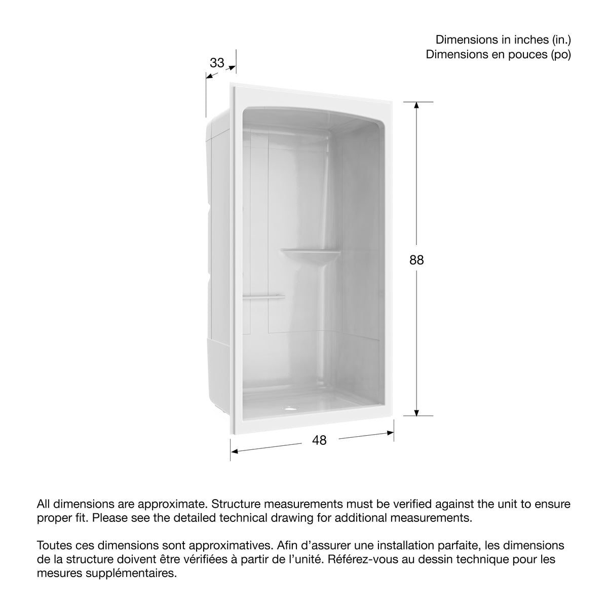Maax Camelia SHR-4834 Acrylic Alcove Center Drain Right Molded Seat One-Piece Shower in White - image 2