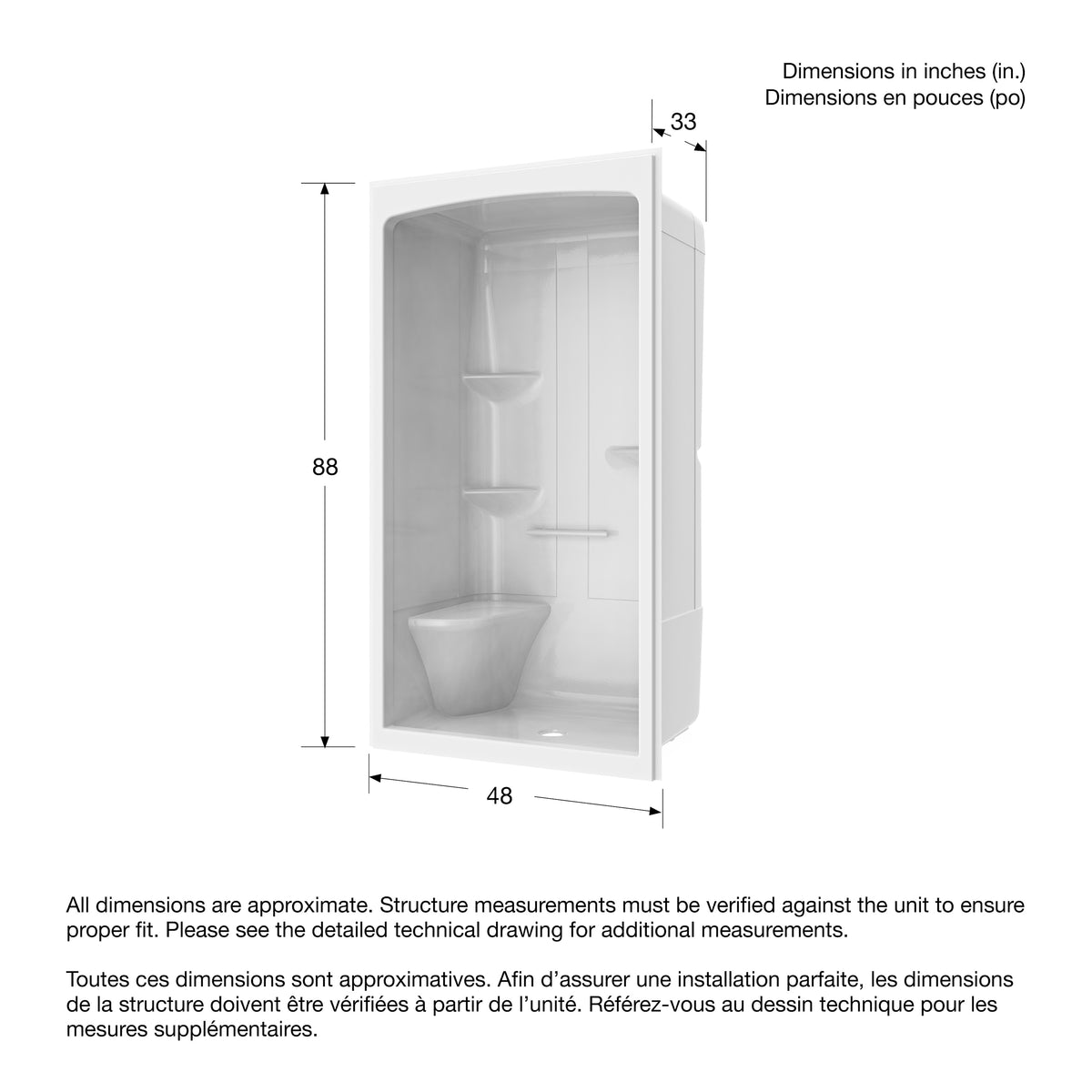 Maax Camelia SHR-4834 Acrylic Alcove Center Drain Right Molded Seat One-Piece Shower in White - image 7