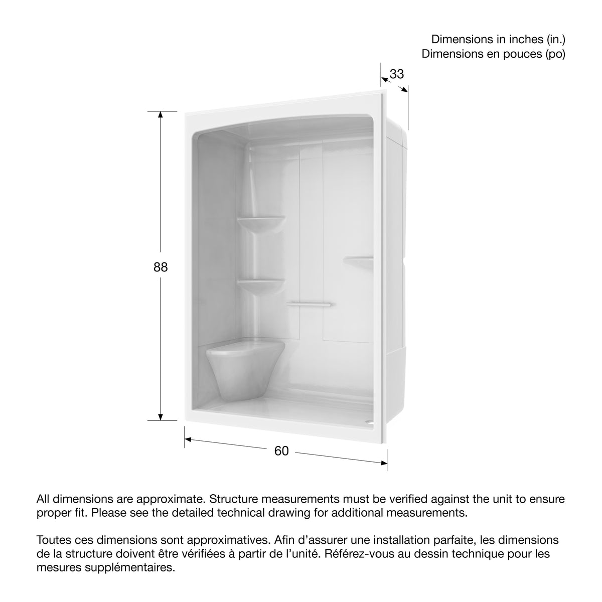 Maax Camelia SHR-6034 Acrylic Alcove Left and Right Molded Seat One-Piece Shower in White - image 12