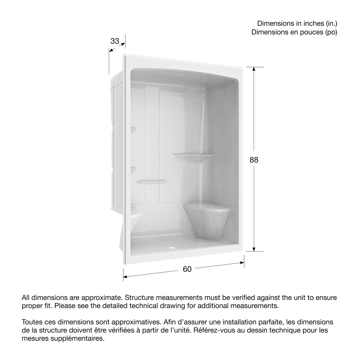 Maax Camelia SHR-6034 Acrylic Alcove Left and Right Molded Seat One-Piece Shower in White - image 27