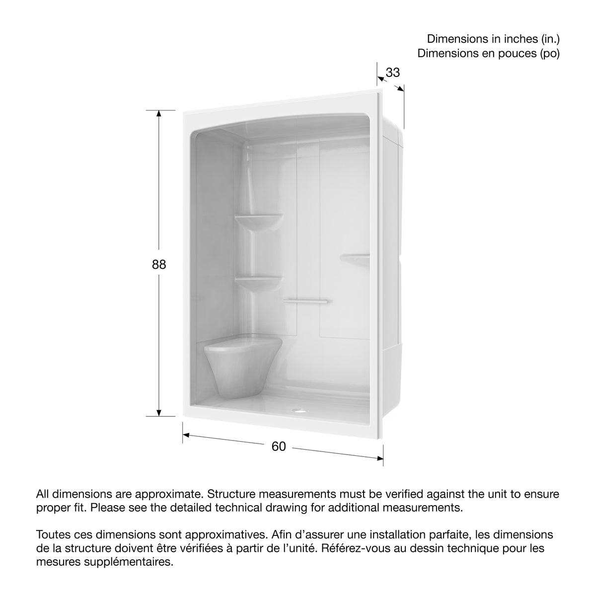 Maax Camelia SHR-6034 Acrylic Alcove Left and Right Molded Seat One-Piece Shower in White - image 32