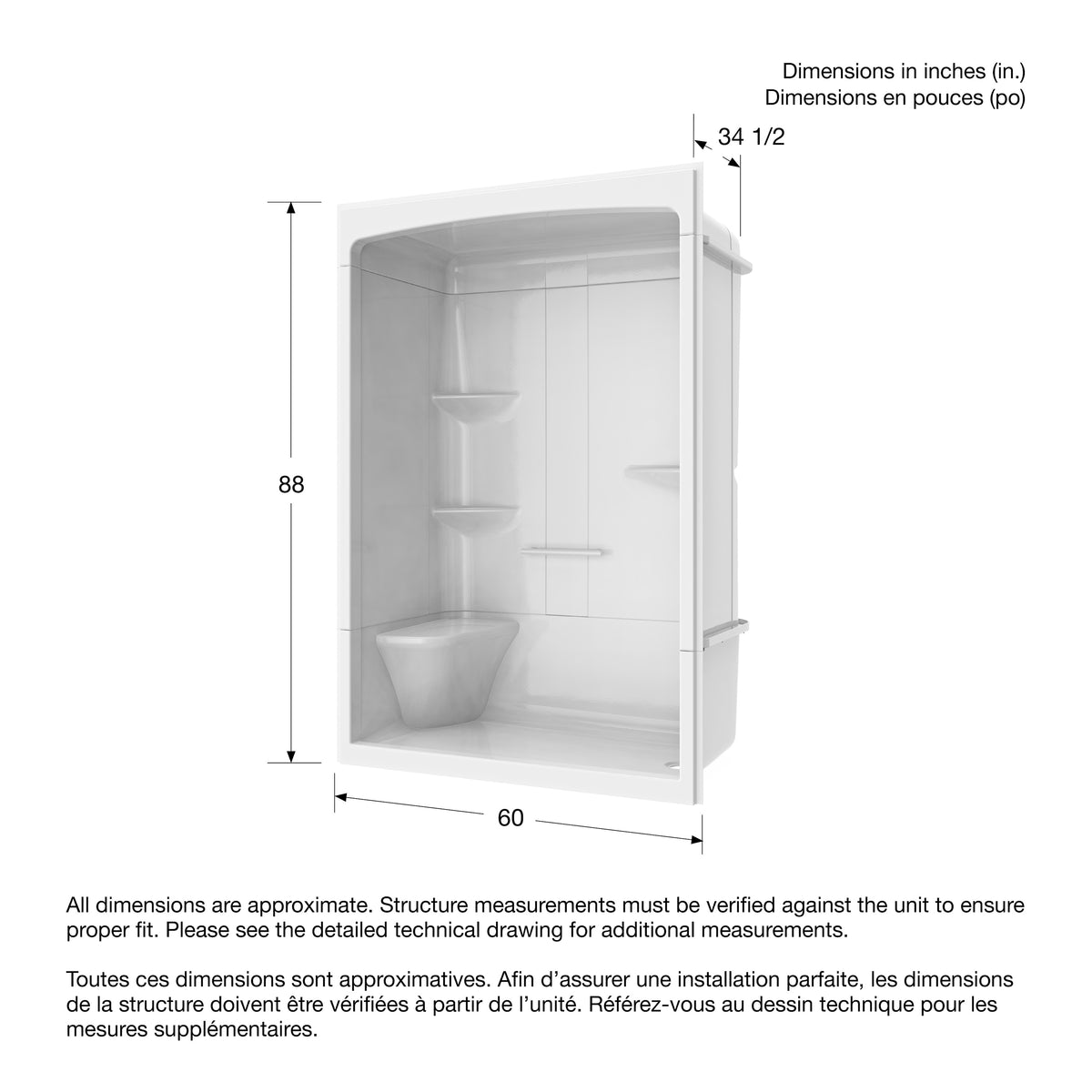 Maax Camelia SHR-6034 Acrylic Alcove Left Molded Seat Three-Piece Shower in White - image 12