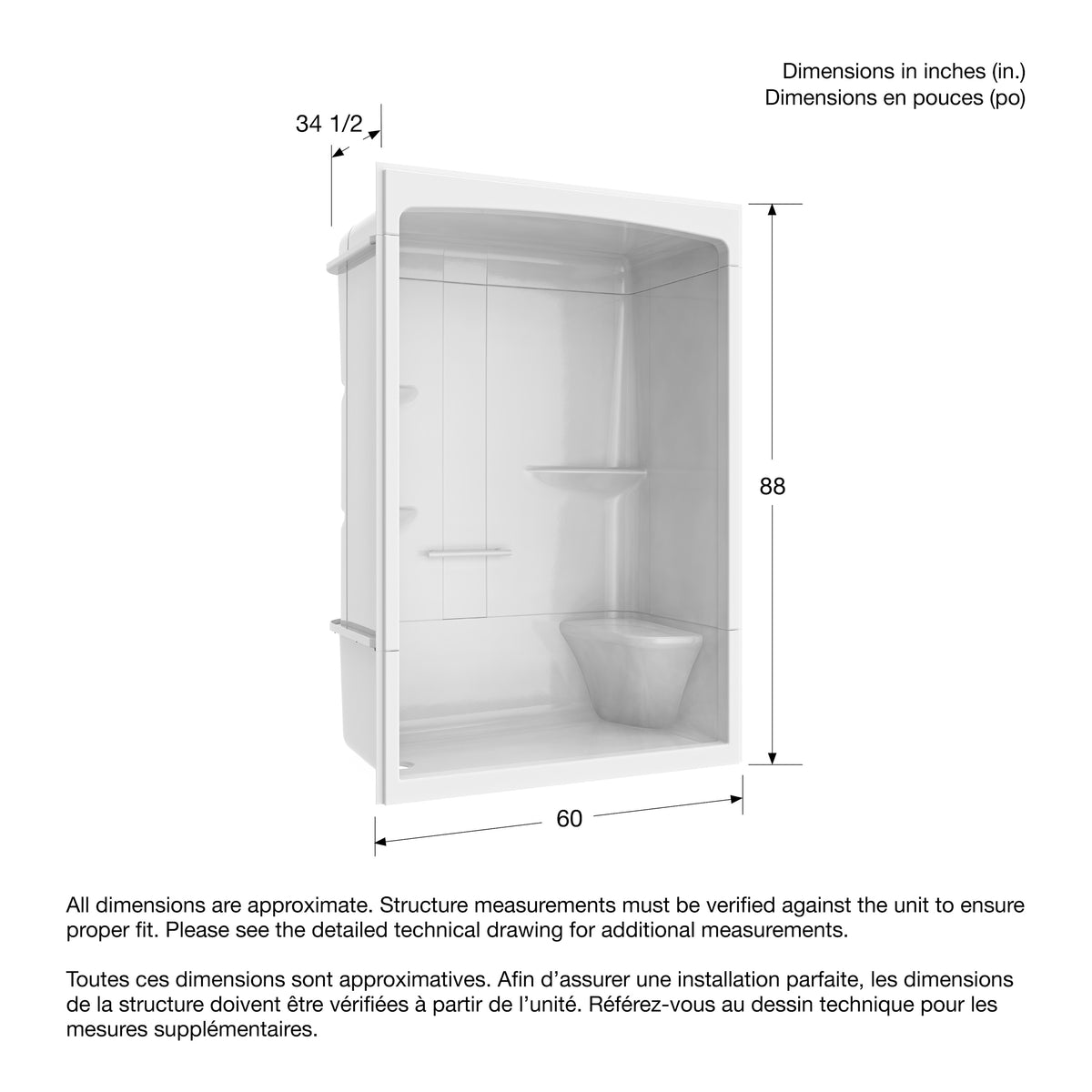 Maax Camelia SHR-6034 Acrylic Alcove Left Molded Seat Three-Piece Shower in White - image 2