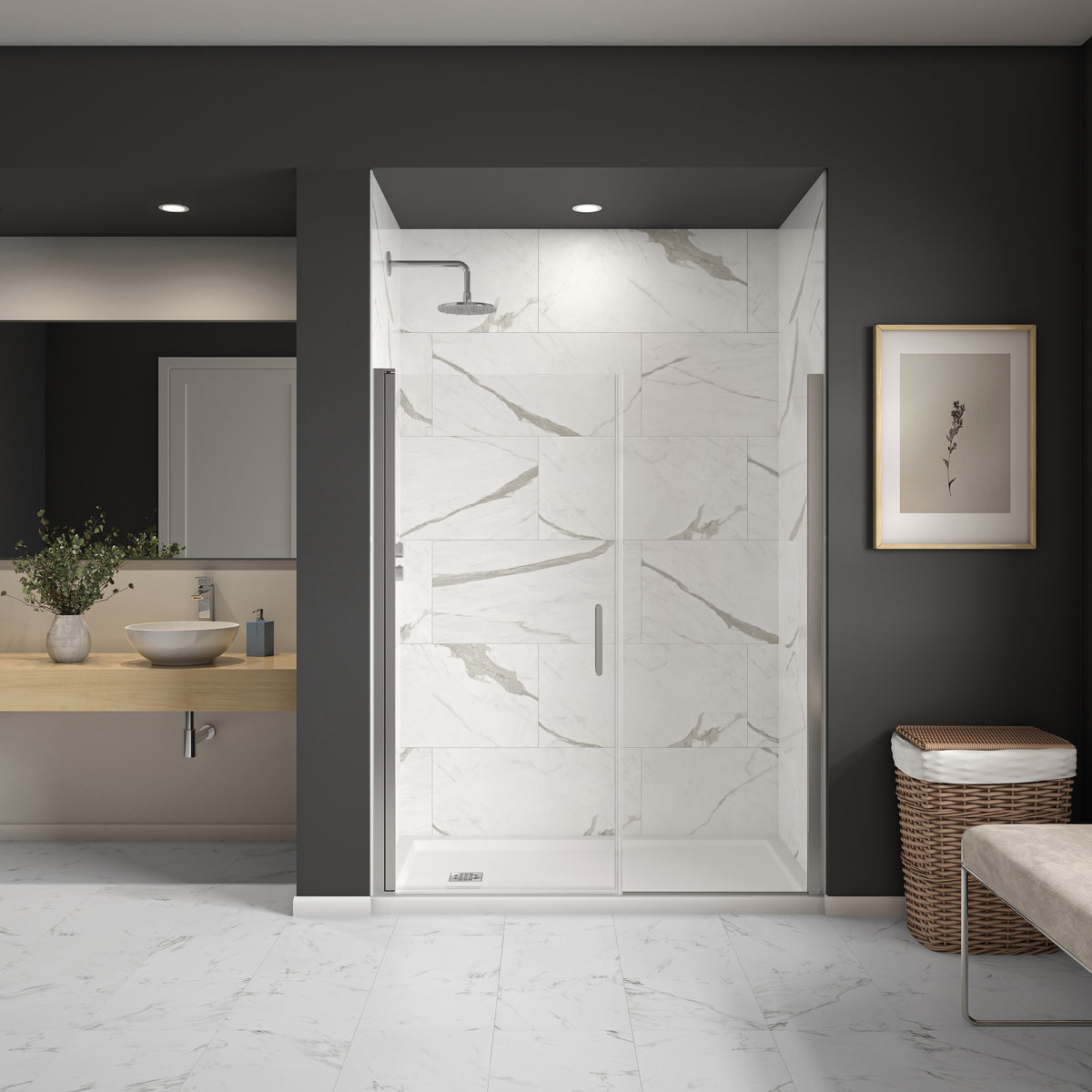 Maax Cappadocia 53-55 x 68 in 6 mm Pivot Shower Door for Alcove Installation with Clear glass & Round Handle