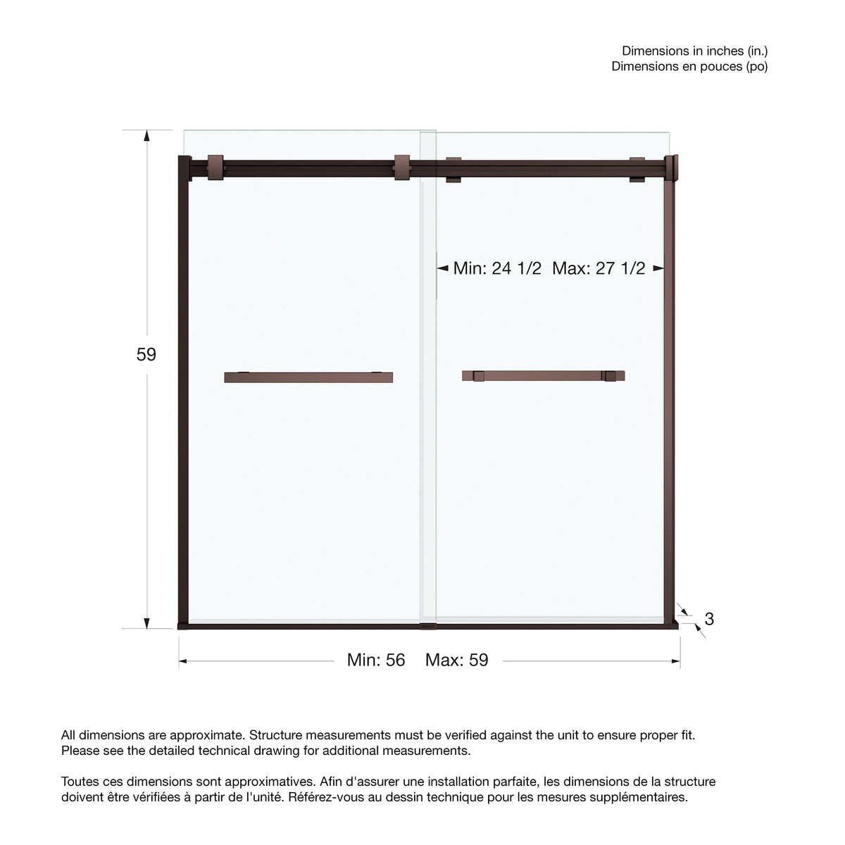 Maax Duel 56-59 x 55 ½ x 59 in 8 mm Bypass Tub Door for Alcove Installation with Clear glass in Chrome & Matte Black - image 10