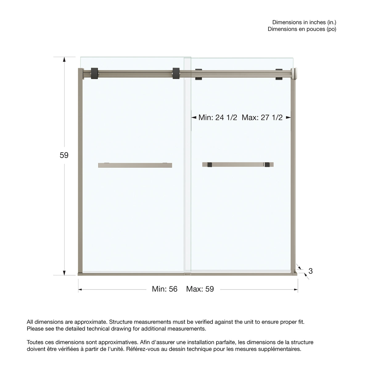 Maax Duel 56-59 x 55 ½ x 59 in 8 mm Bypass Tub Door for Alcove Installation with Clear glass in Chrome & Matte Black - image 18