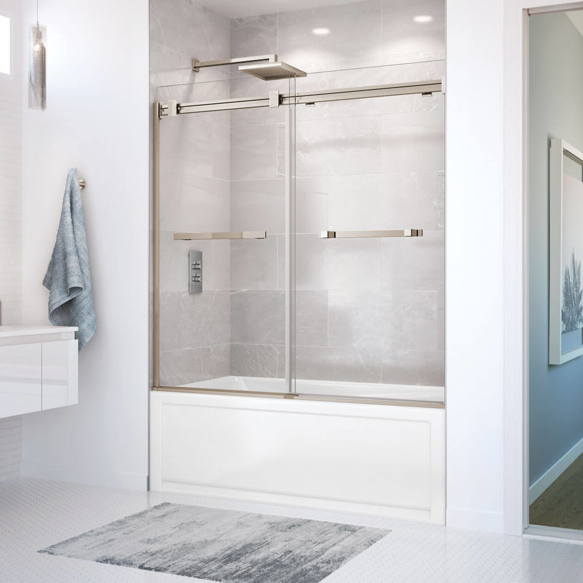 Maax Duel 56-59 x 55 ½ x 59 in 8 mm Bypass Tub Door for Alcove Installation with Clear glass in Chrome & Matte Black - image 23