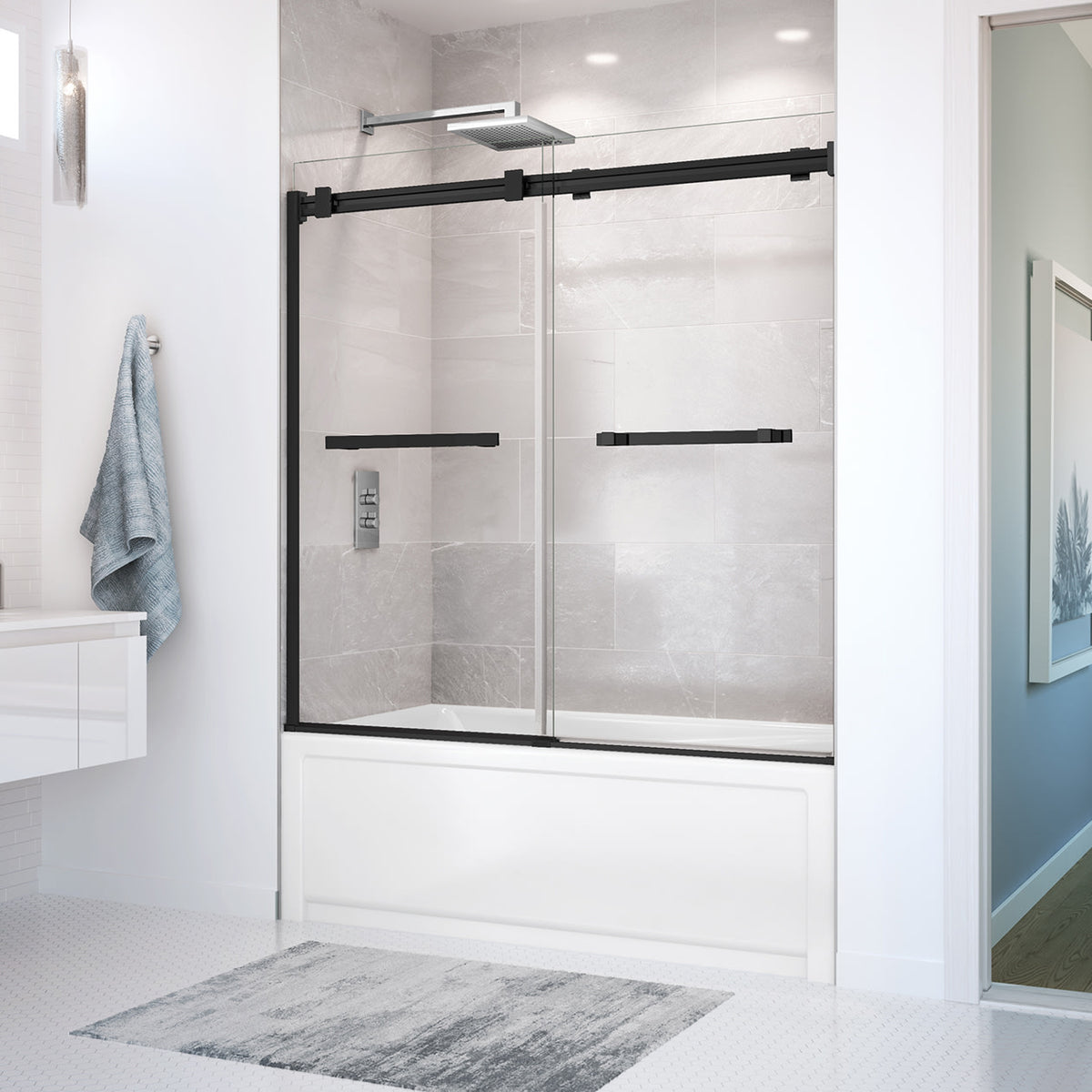 Maax Duel 56-59 x 55 ½ x 59 in 8 mm Bypass Tub Door for Alcove Installation with Clear glass in Chrome & Matte Black - image 27