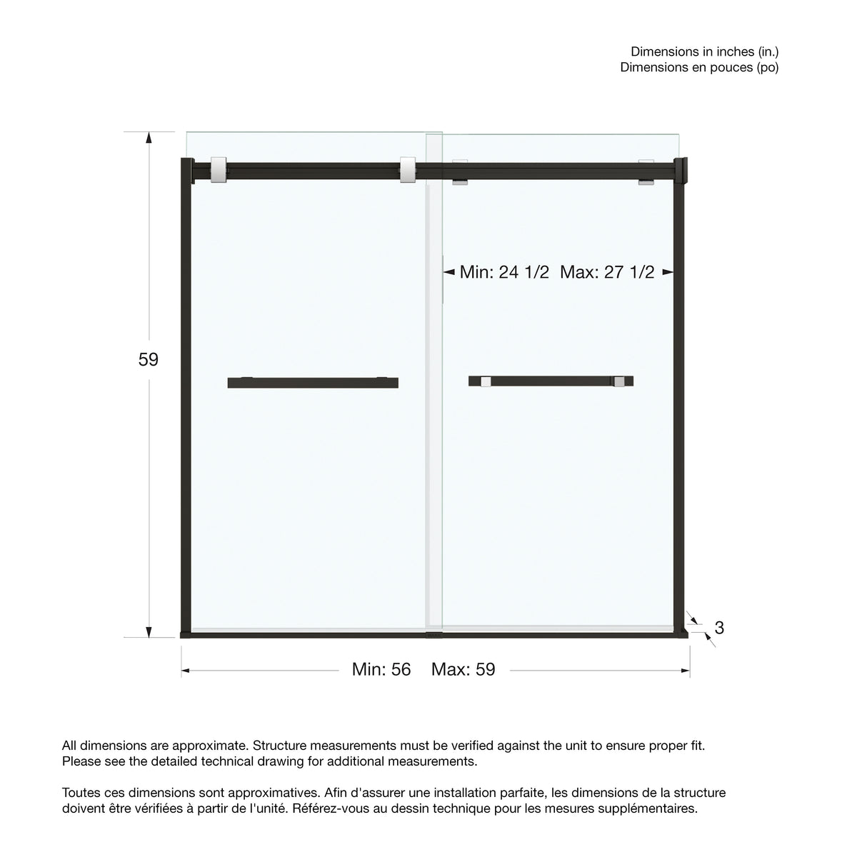 Maax Duel 56-59 x 55 ½ x 59 in 8 mm Bypass Tub Door for Alcove Installation with Clear glass in Chrome & Matte Black - image 39