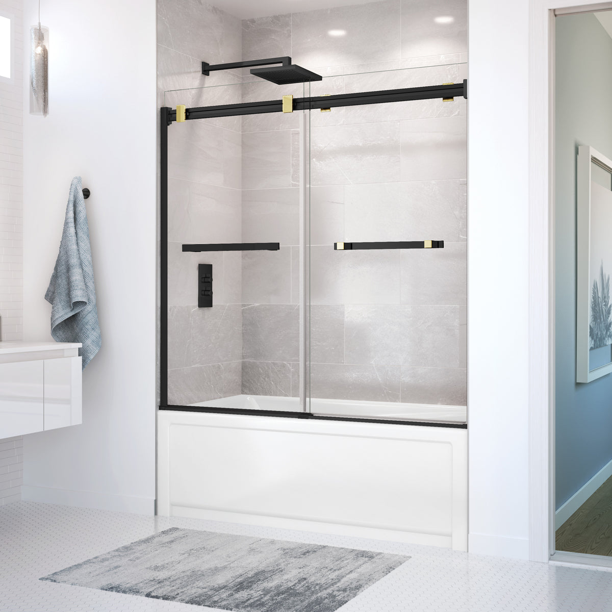 Maax Duel 56-59 x 55 ½ x 59 in 8 mm Bypass Tub Door for Alcove Installation with Clear glass in Chrome & Matte Black - image 40