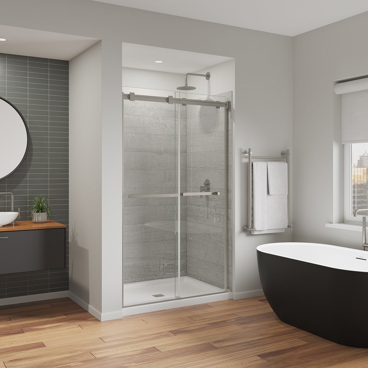 Maax Duel Alto 44-47 X 78 in 8mm Bypass Shower Door for Alcove Installation with GlassShield glass in Brushed Nickel & Matte Black - image 21