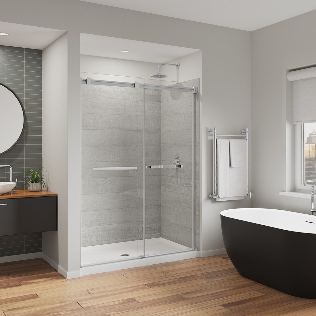 Maax Duel Alto 56-59 X 78 in 8mm Bypass Shower Door for Alcove Installation with GlassShield glass in Chrome & Matte White