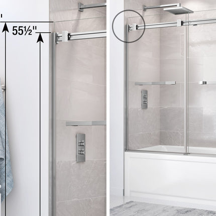 Duel 56-59 x 55 ½-59 in. 8 mm Bypass Tub Door for Alcove Installation with Clear glass in Brushed Nickel - Plumbing Market