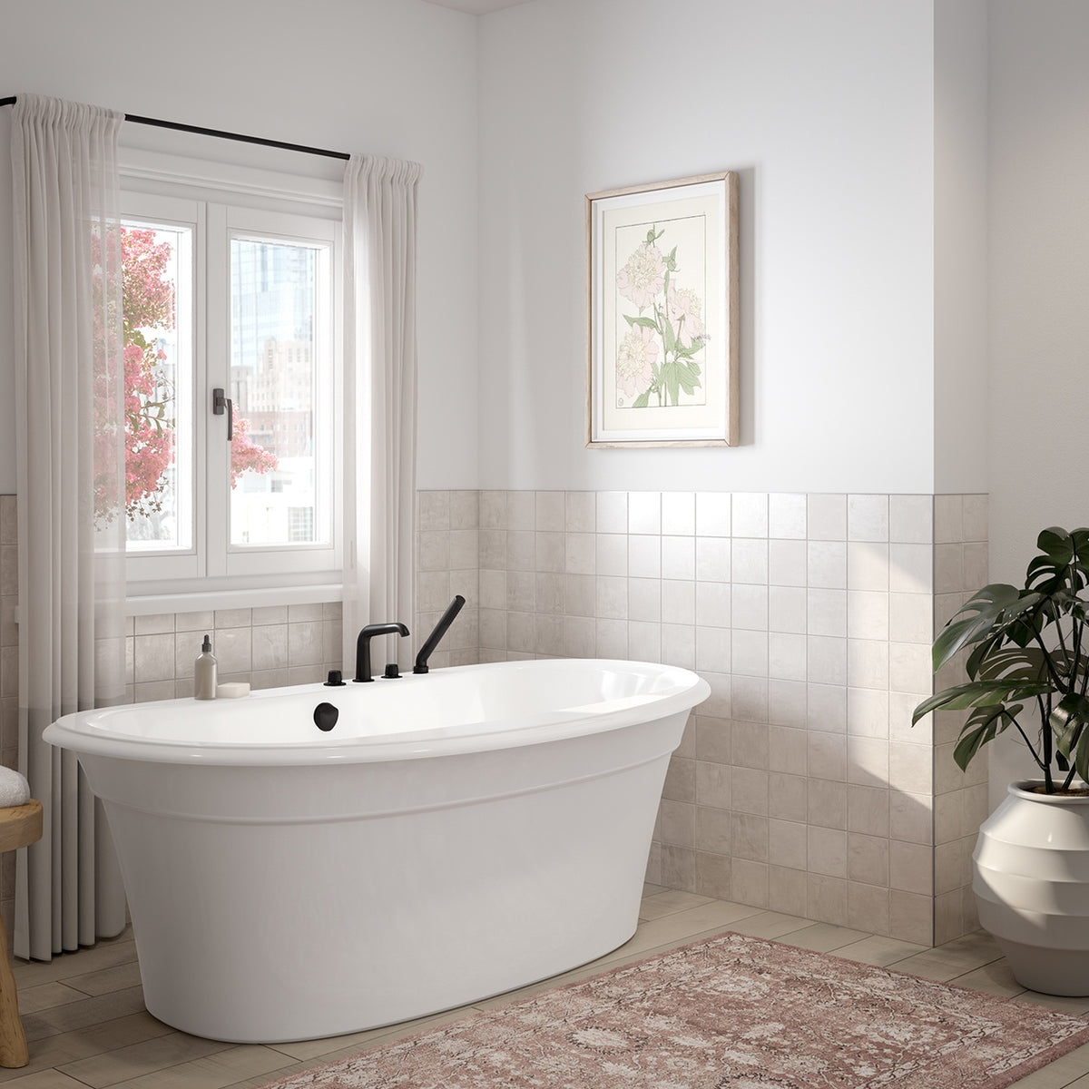 Maax Ella Sleek 66 x 36 Acrylic Freestanding Center Drain Bathtub in White with White Skirt