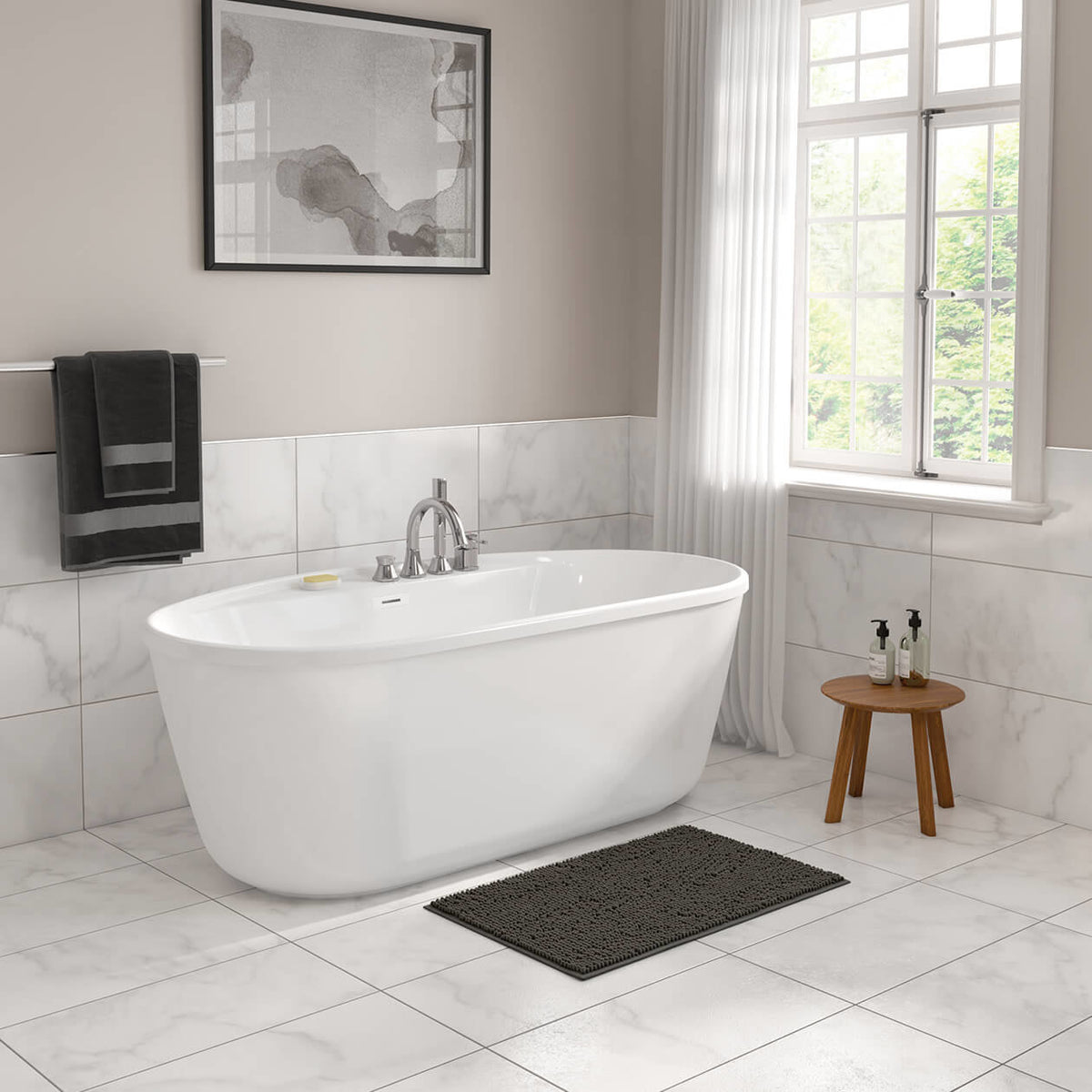 Maax Emica 6434 AcrylX Freestanding Center Drain Bathtub in White with White Skirt