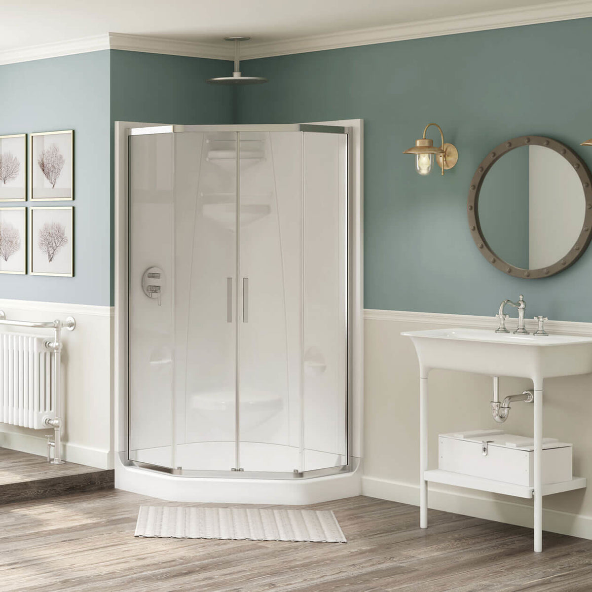 Maax Freestyle 40 Neo-Angle 40 x 40 Acrylic Corner Center Drain Two-Piece Shower with Corner Seat in White