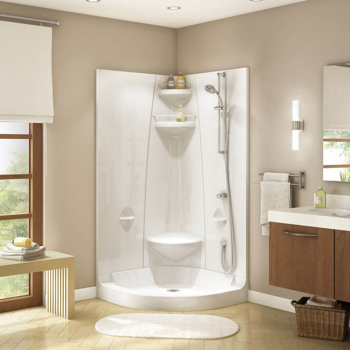Maax Freestyle 40 Neo-Round 40 x 40 Acrylic Corner Center Drain One-Piece Shower with Corner Seat in White