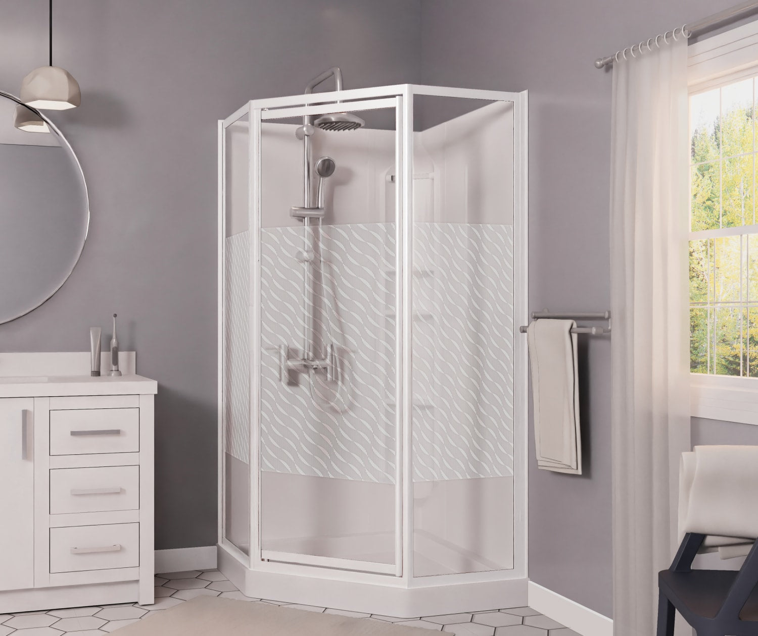 Maax 38 Himalaya 38 x 38 Polystyrene Center Drain Shower Kit in White with Design 47 glass  in White 101694-000-129-106 - Plumbing Market