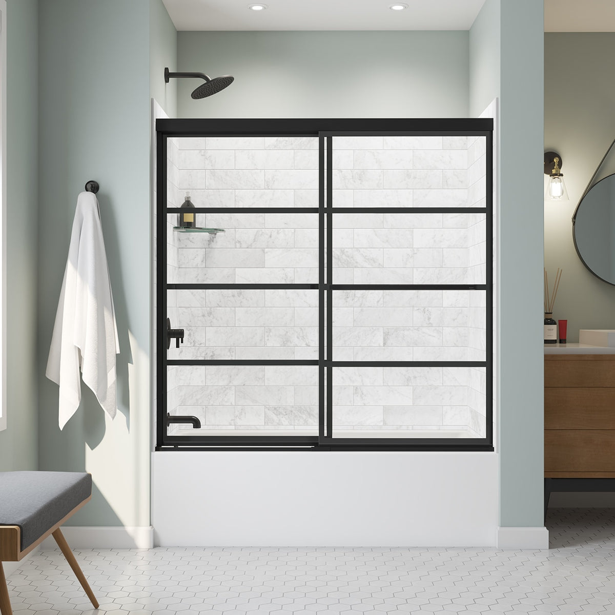 Maax Incognito 57 Shaker 56-59 x 56 3/4 in 8mm Bypass Tub Door for Alcove Installation with Shaker glass in Matte Black