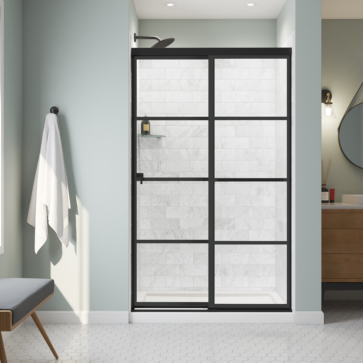 Maax Incognito 76 Shaker 44-47 x 76 in 8mm Bypass Shower Door for Alcove Installation with Shaker glass in Matte Black