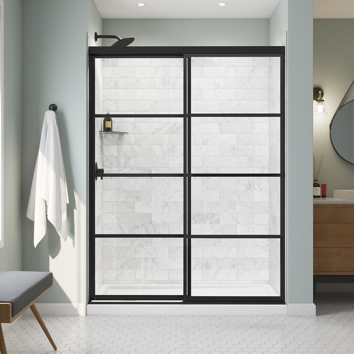 Maax Incognito 76 Shaker 56-59 x 76 in 8mm Bypass Shower Door for Alcove Installation with Shaker glass in Matte Black