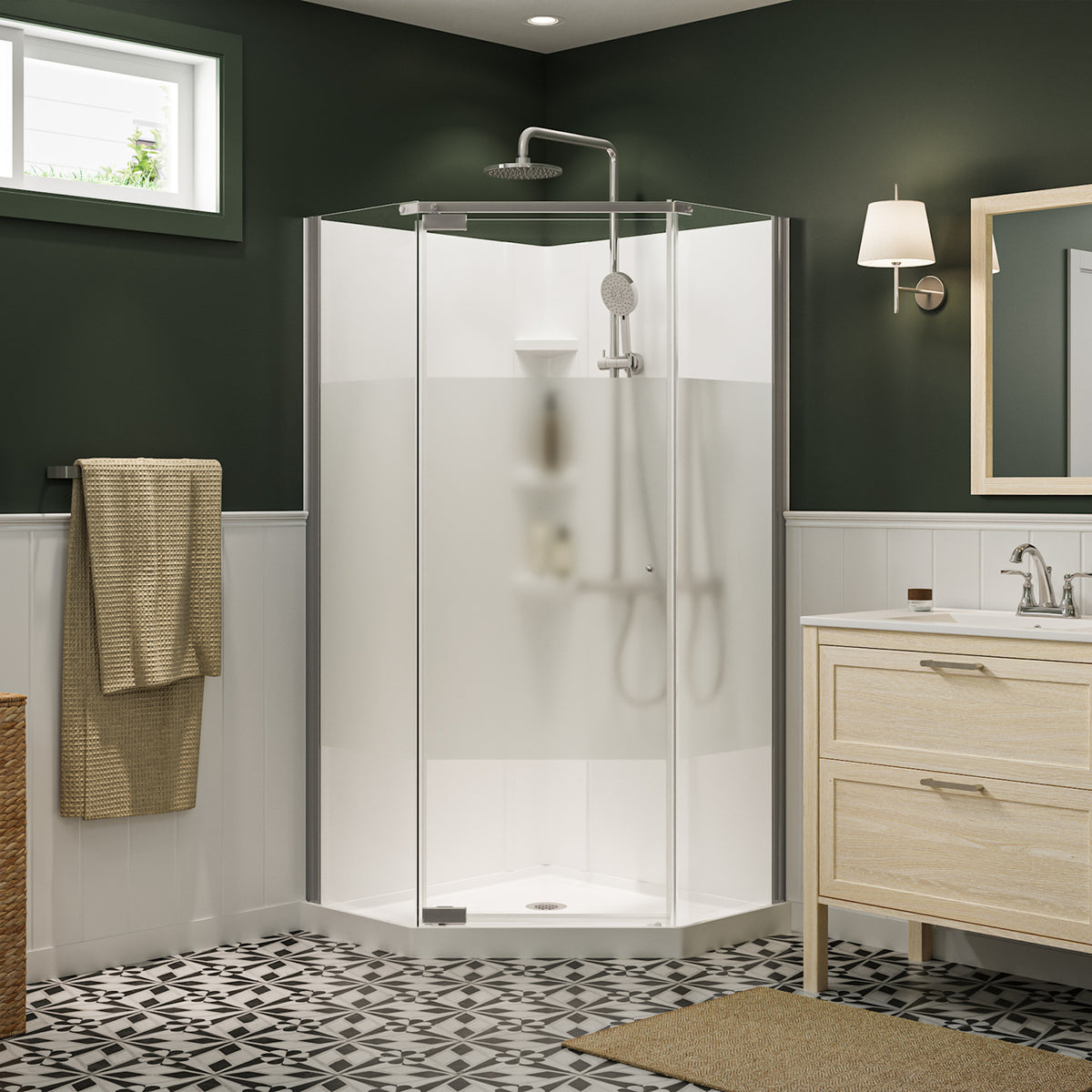Maax Lobelia Centre Silk 36 x 36 Polystyrene Center Drain Shower Kit in White with Centre Silk glass in Chrome