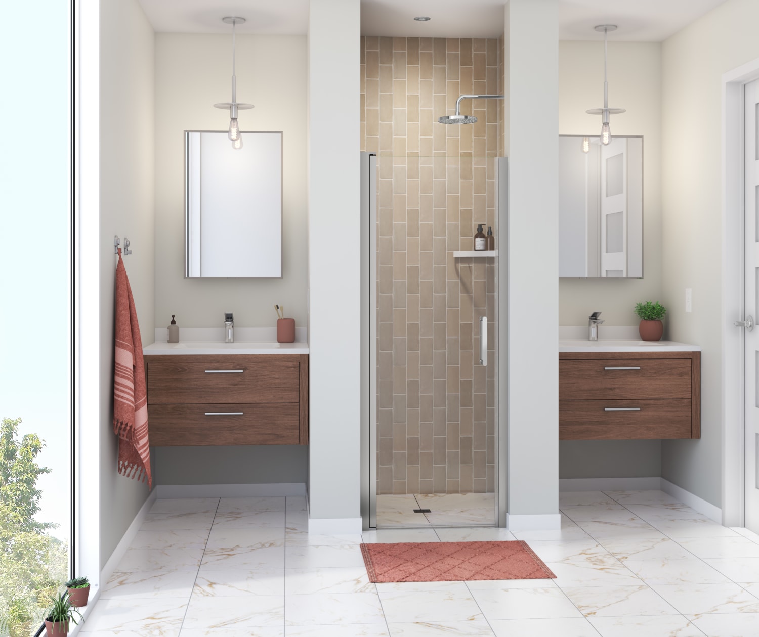 Manhattan 25-27 x 68 in. 6 mm Pivot Shower Door for Alcove Installation with Clear glass & Round Handle in Chrome - Plumbing Market