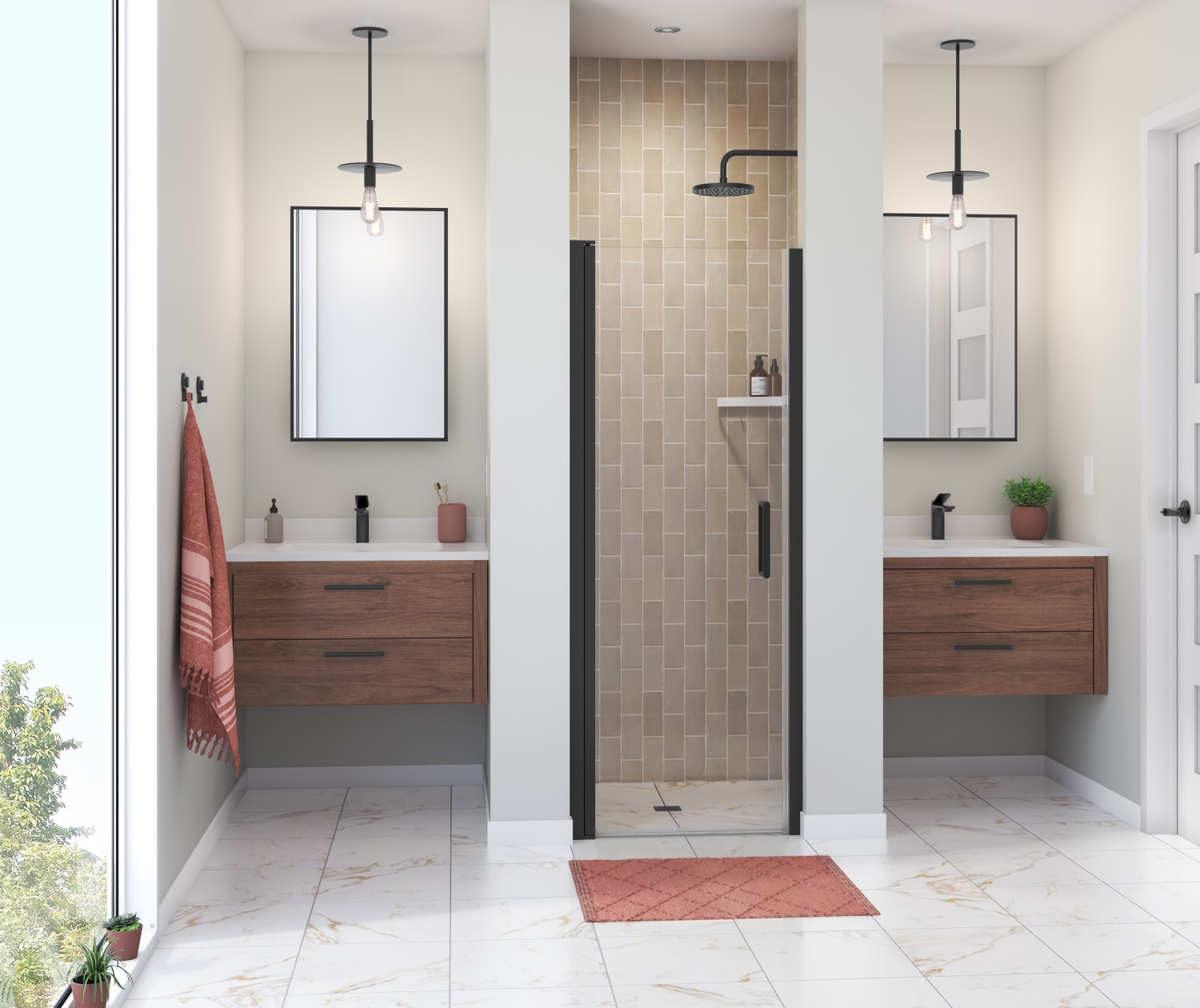 Manhattan 23-25 x 68 in. 6 mm Pivot Shower Door for Alcove Installation with Clear glass & Round Handle in Matte Black - Plumbing Market