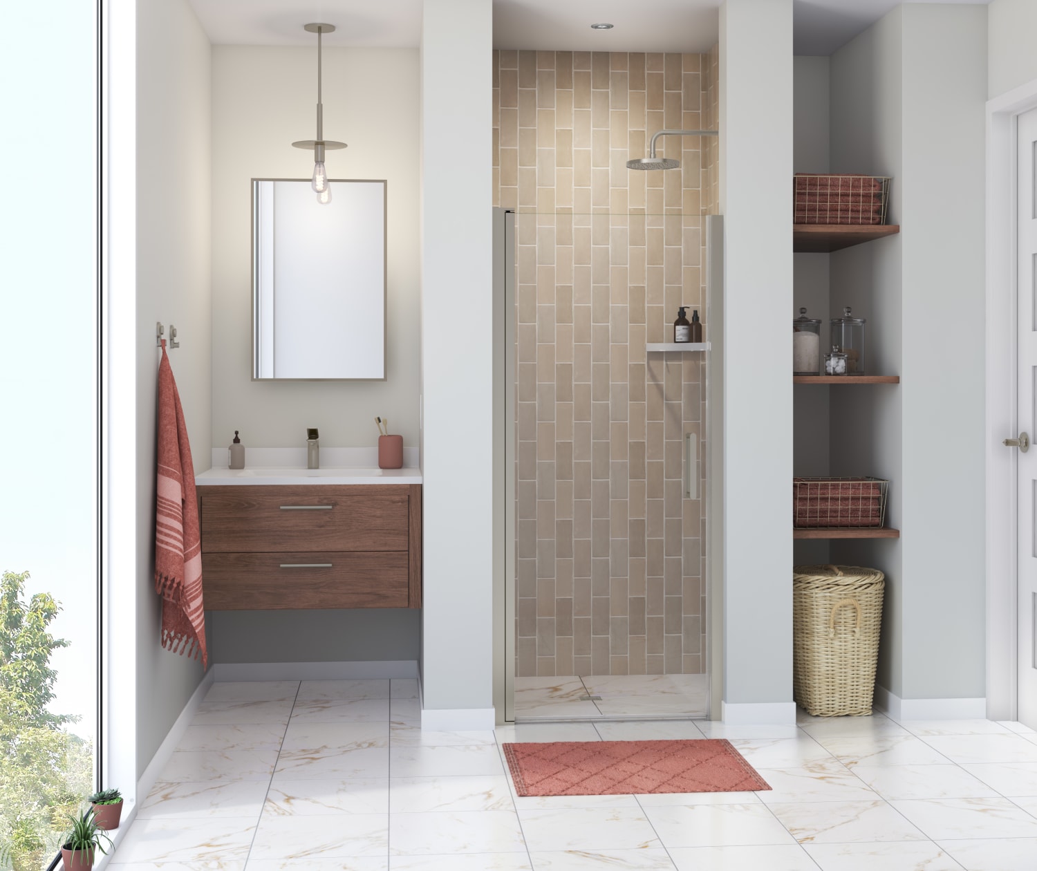 Manhattan 29-31 x 68 in. 6 mm Pivot Shower Door for Alcove Installation with Clear glass & Round Handle in Brushed Nickel - Plumbing Market