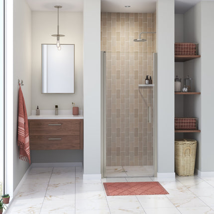 Manhattan 33-35 x 68 in. 6 mm Pivot Shower Door for Alcove Installation with Clear glass & Round Handle in Brushed Nickel - Plumbing Market