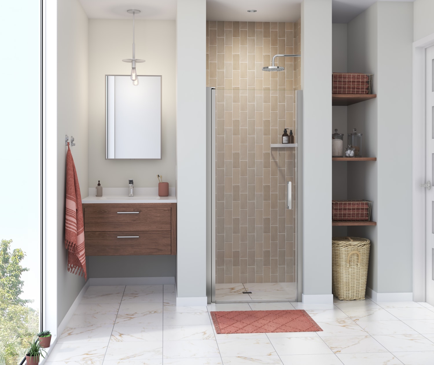 Manhattan 33-35 x 68 in. 6 mm Pivot Shower Door for Alcove Installation with Clear glass & Round Handle in Chrome - Plumbing Market