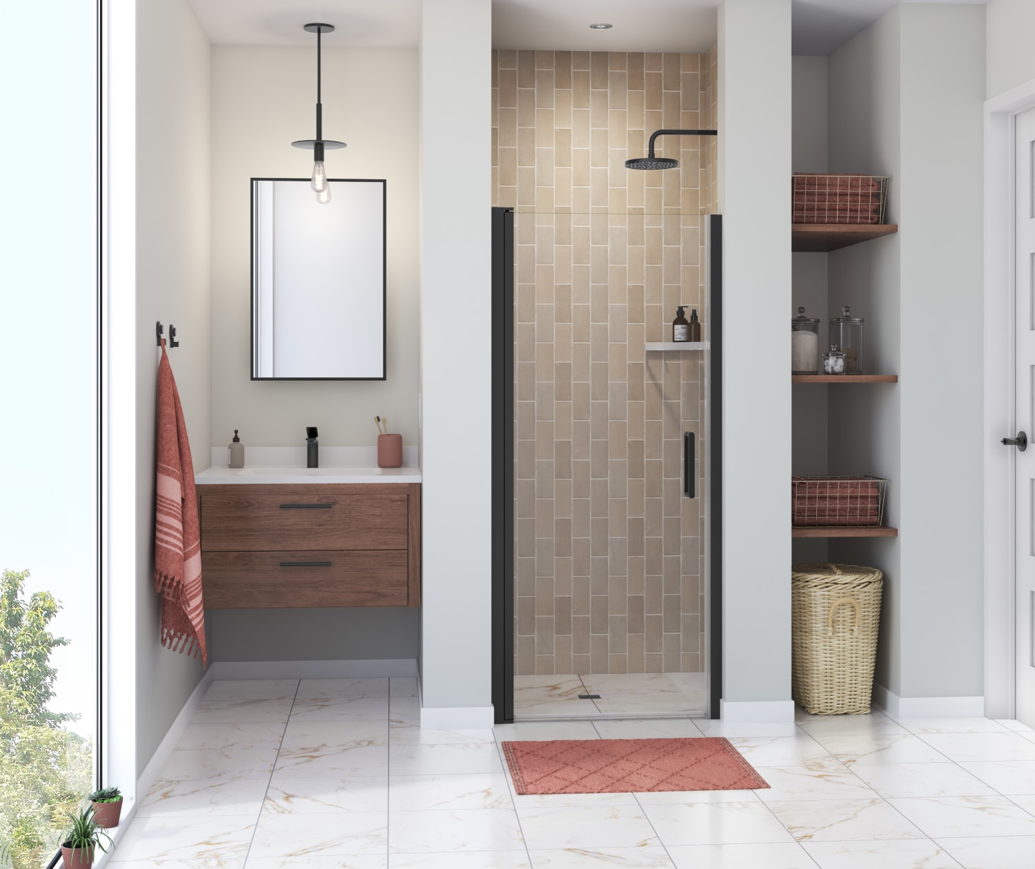 Manhattan 29-31 x 68 in. 6 mm Pivot Shower Door for Alcove Installation with Clear glass & Round Handle in Matte Black - Plumbing Market