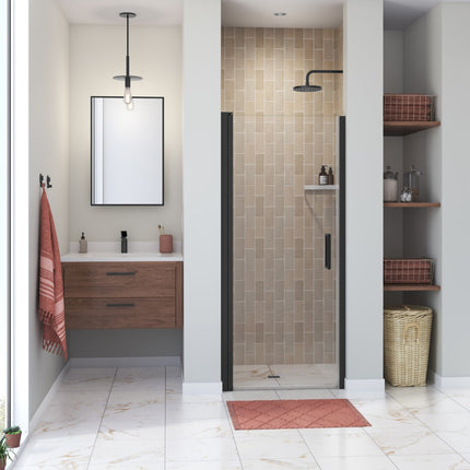 Manhattan 33-35 x 68 in. 6 mm Pivot Shower Door for Alcove Installation with Clear glass & Round Handle in Matte Black - Plumbing Market