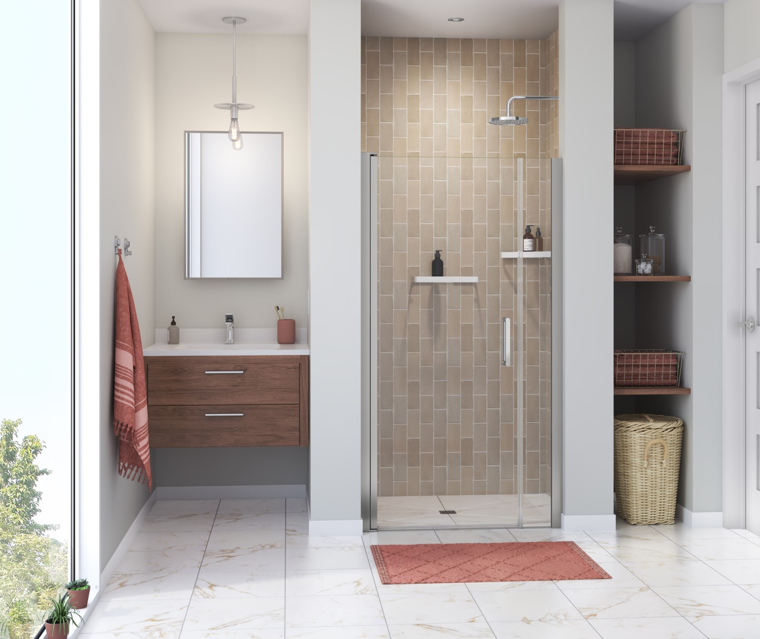 Manhattan 37-39 x 68 in. 6 mm Pivot Shower Door for Alcove Installation with Clear glass & Round Handle in Chrome - Plumbing Market