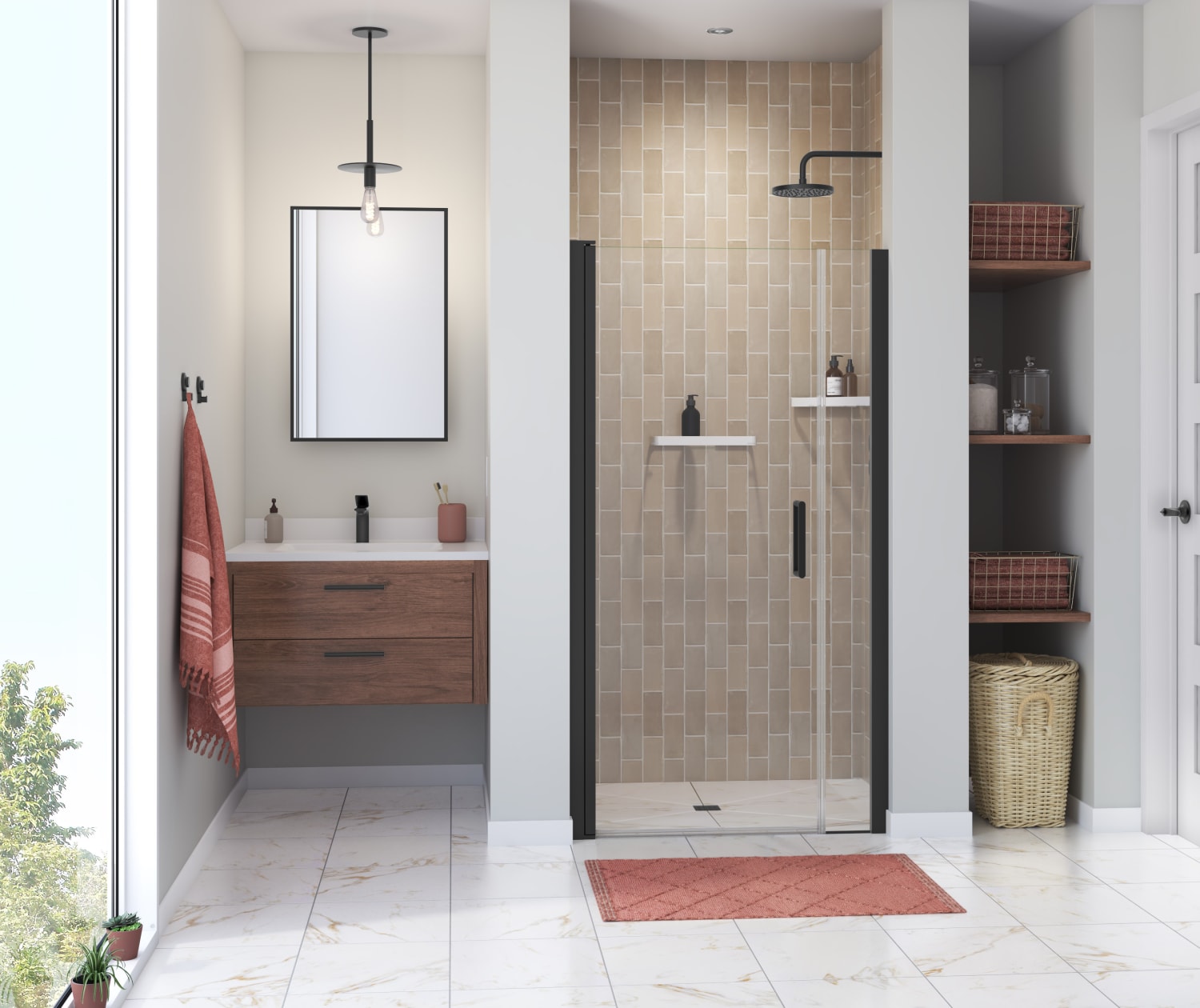 Manhattan 37-39 x 68 in. 6 mm Pivot Shower Door for Alcove Installation with Clear glass & Round Handle in Matte Black - Plumbing Market