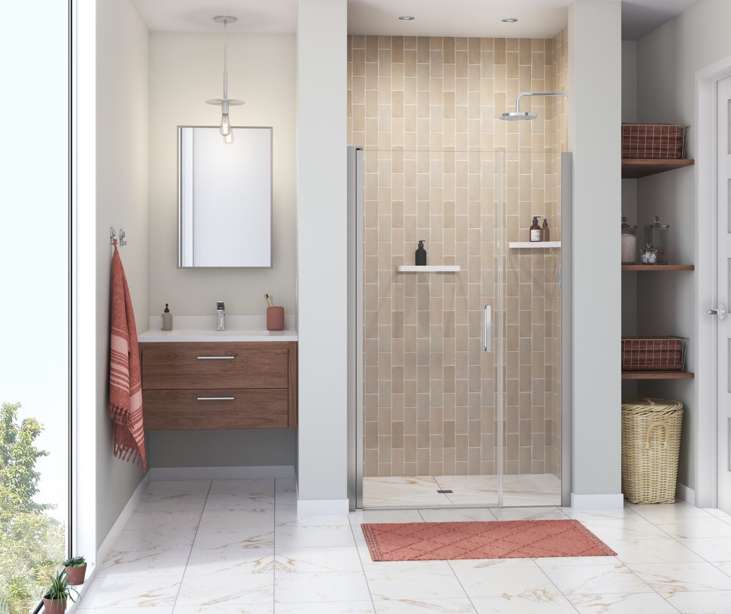 Manhattan 41-43 x 68 in. 6 mm Pivot Shower Door for Alcove Installation with Clear glass & Round Handle in Chrome - Plumbing Market