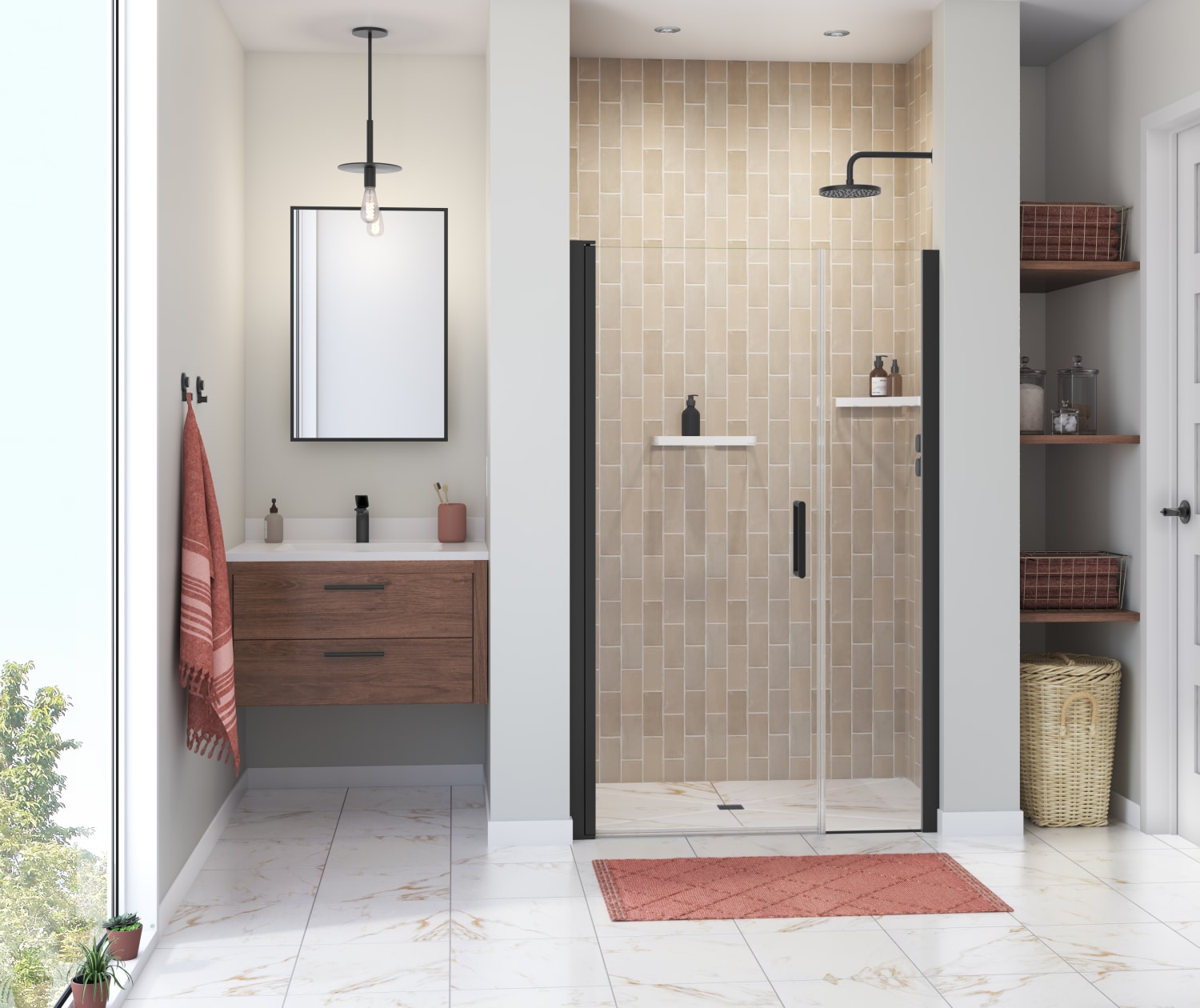 Manhattan 41-43 x 68 in. 6 mm Pivot Shower Door for Alcove Installation with Clear glass & Round Handle in Matte Black - Plumbing Market