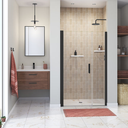 Manhattan 41-43 x 68 in. 6 mm Pivot Shower Door for Alcove Installation with Clear glass & Round Handle in Matte Black - Plumbing Market