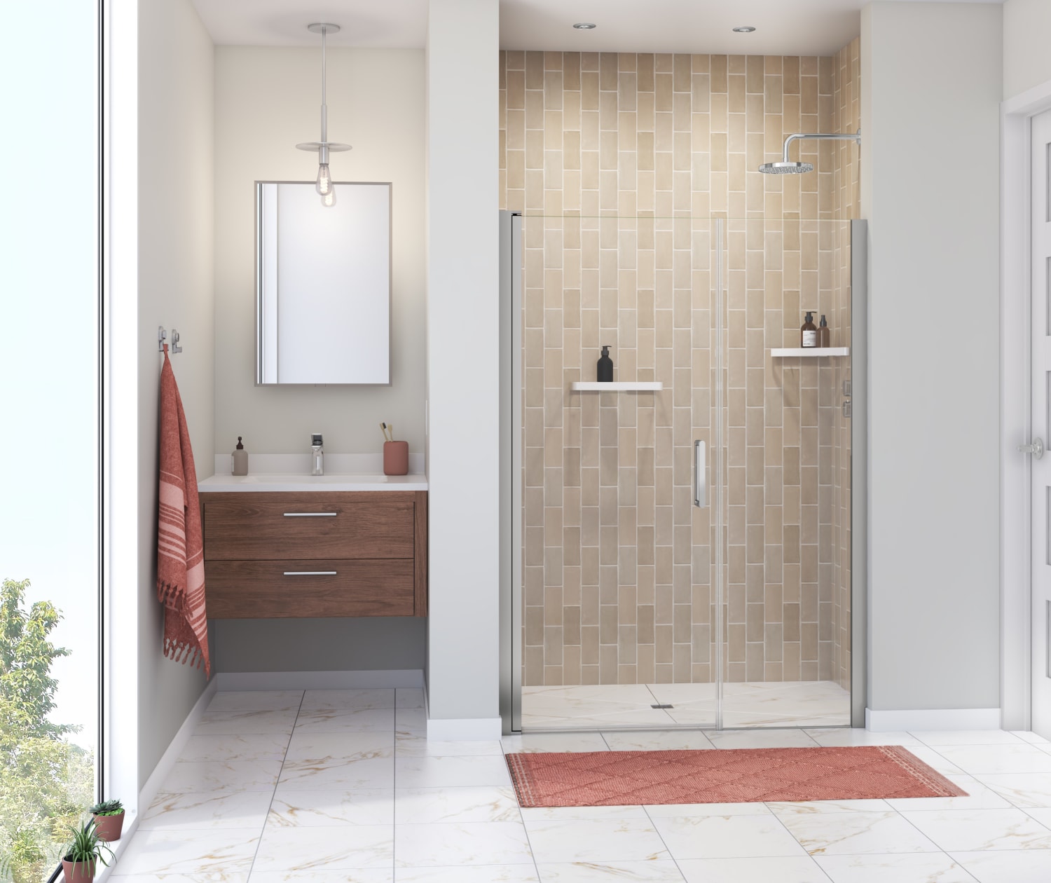 Manhattan 51-53 x 68 in.6 mm Pivot Shower Door for Alcove Installation with Clear glass & Round Handle in Chrome - Plumbing Market