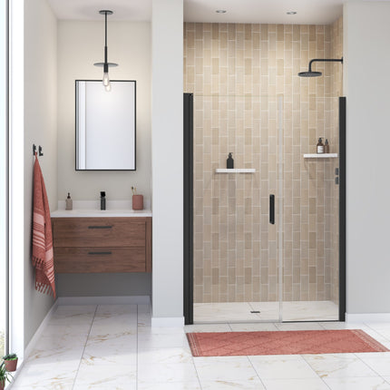 Manhattan 51-53 x 68 in. 6 mm Pivot Shower Door for Alcove Installation with Clear glass & Round Handle in Matte Black - Plumbing Market
