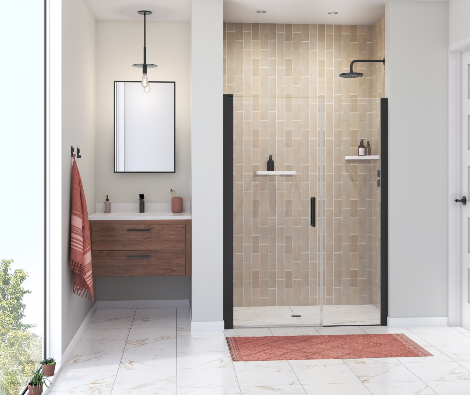Manhattan 49-51 x 68 in. 6 mm Pivot Shower Door for Alcove Installation with Clear glass & Round Handle in Matte Black - Plumbing Market