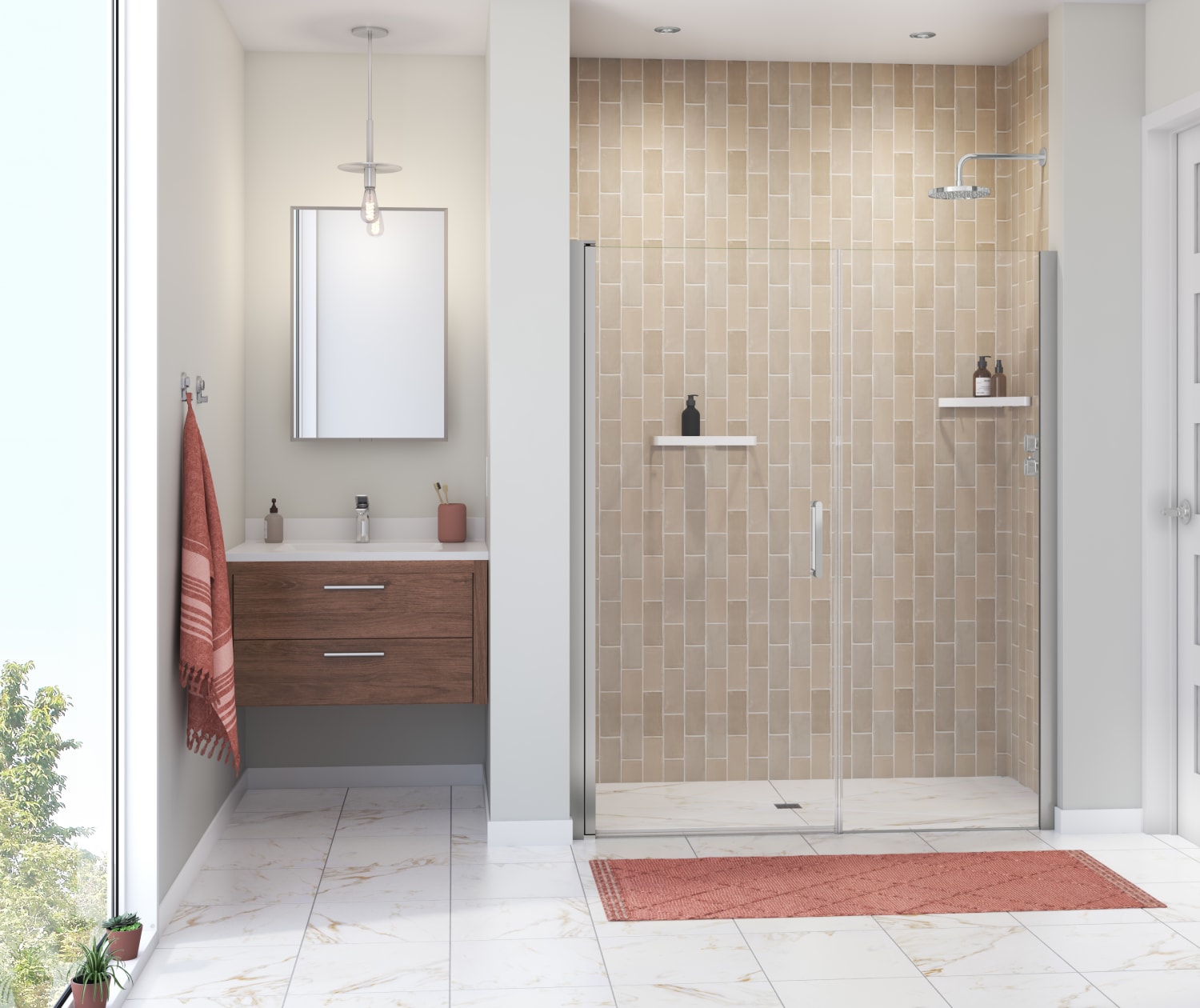 Manhattan 55-57 x 68 in. 6 mm Pivot Shower Door for Alcove Installation with Clear glass & Round Handle in Chrome - Plumbing Market