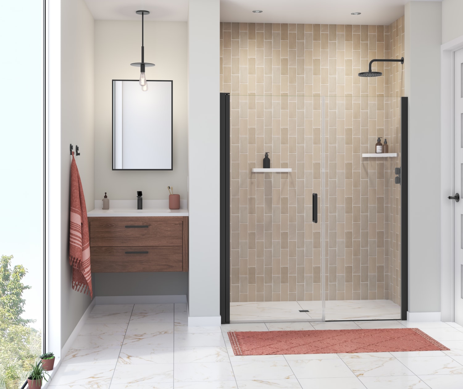 Manhattan 55-57 x 68 in. 6 mm Pivot Shower Door for Alcove Installation with Clear glass & Round Handle in Matte Black - Plumbing Market