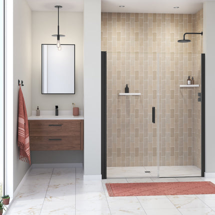 Manhattan 53-55 x 68 in. 6 mm Pivot Shower Door for Alcove Installation with Clear glass & Round Handle in Matte Black - Plumbing Market