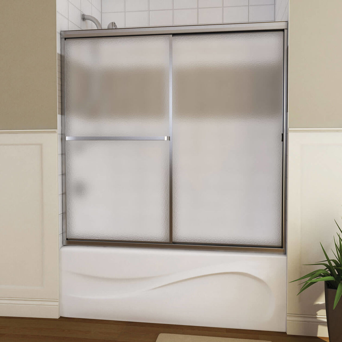 Maax Mika 54 - 59 ½ x 55 ½ in Sliding Tub Door for Alcove Installation with Hammer glass in Mat Silver