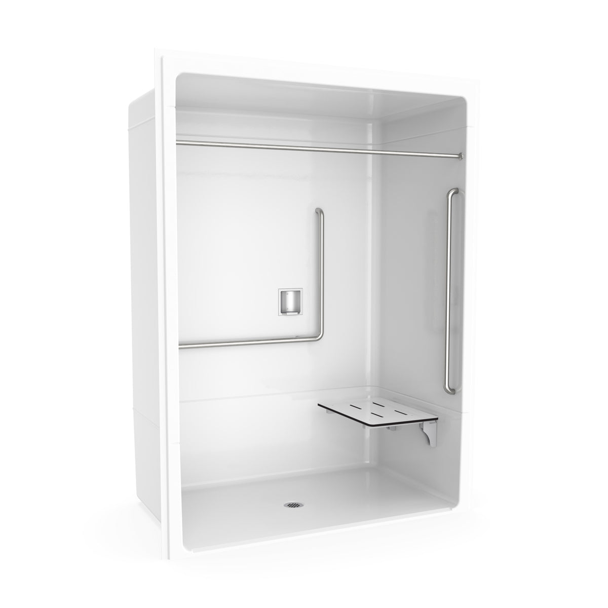 Maax Outlook BFS-6036A - CSA Compliant Acrylic Alcove Center Drain Vertical Threshold One-Piece Shower in White with Right Grab Bars - image 13