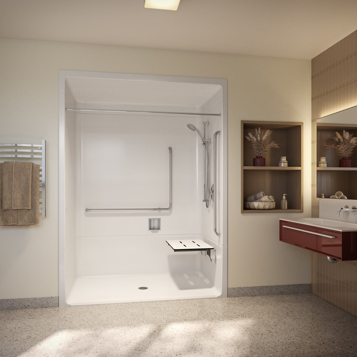 Maax Outlook BFS-6036A - CSA Compliant Acrylic Alcove Center Drain Vertical Threshold One-Piece Shower in White with Right Grab Bars - image 18