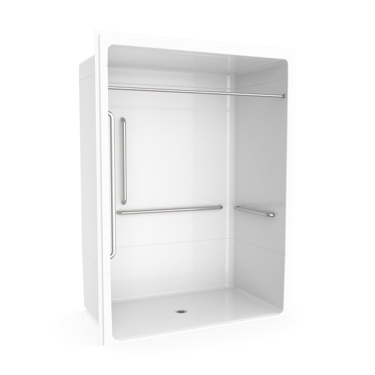 Maax Outlook BFS-6036A - CSA Compliant Acrylic Alcove Center Drain Vertical Threshold One-Piece Shower in White with Right Grab Bars - image 2