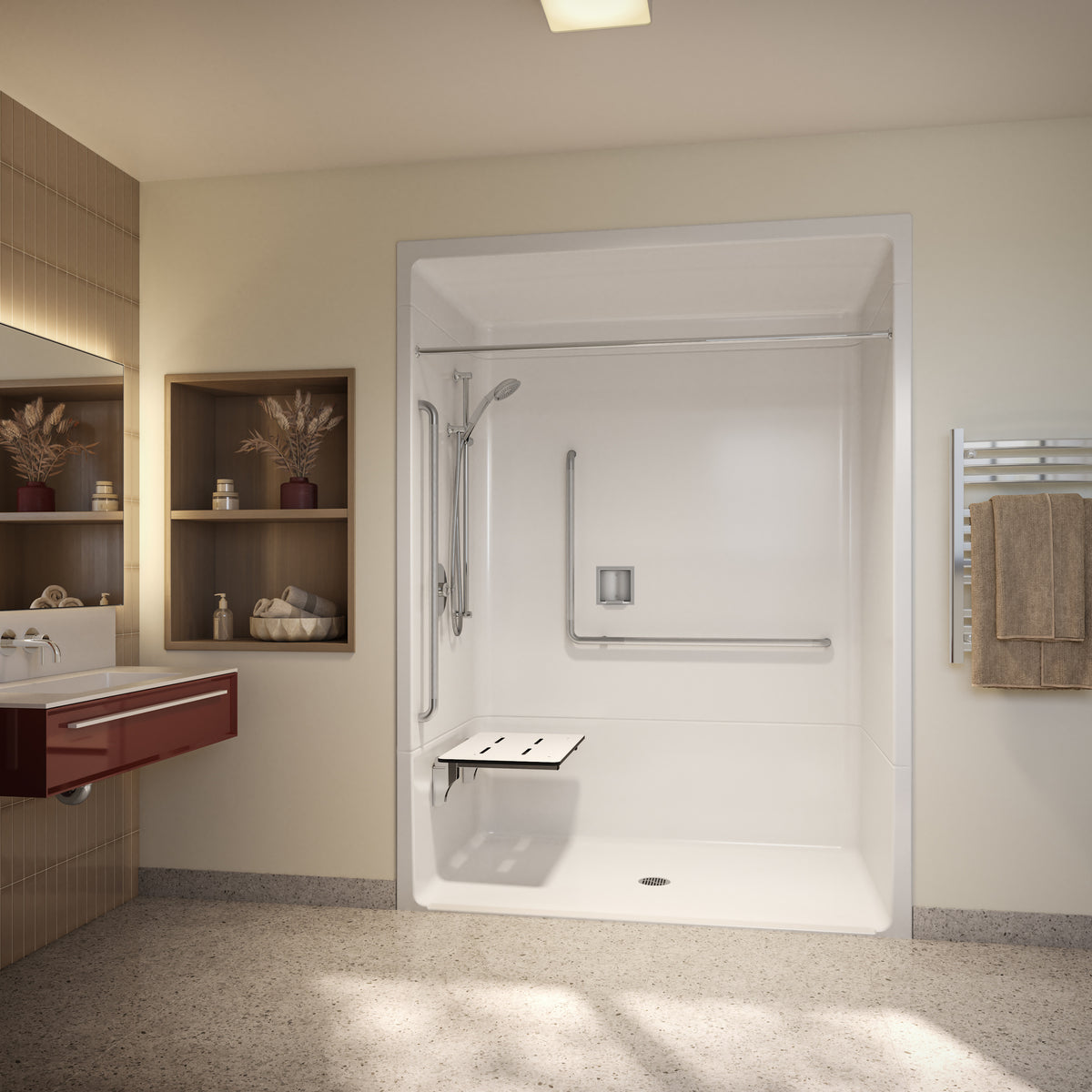 Maax Outlook BFS-6036A - CSA Compliant Acrylic Alcove Center Drain Vertical Threshold One-Piece Shower in White with Right Grab Bars - image 9